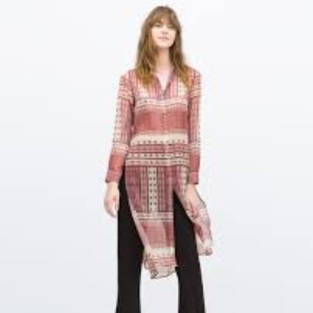 Zara Purple Cream Designed Button Down Tunic